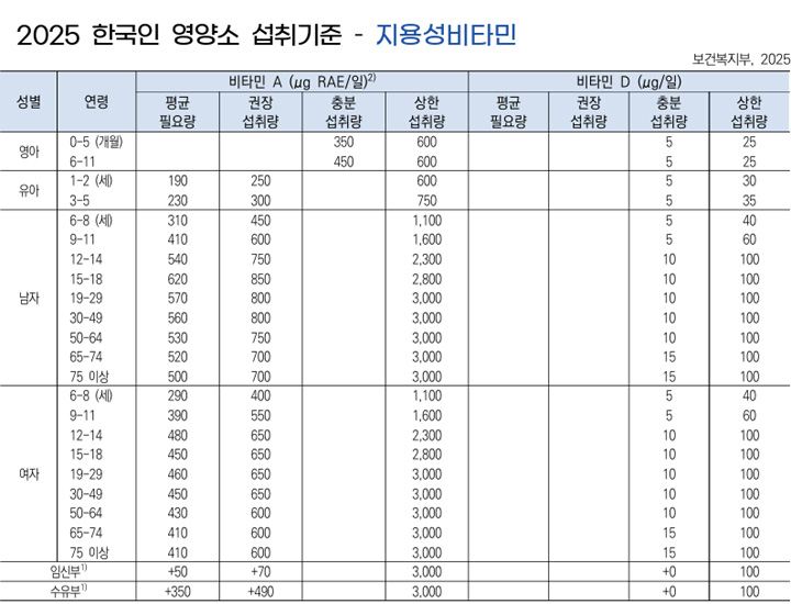 비타민A, 비타민D 하루 섭취 권장량 기준표