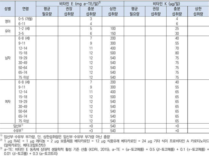 비타민E, 비타민K 하루 섭취 권장량 기준표