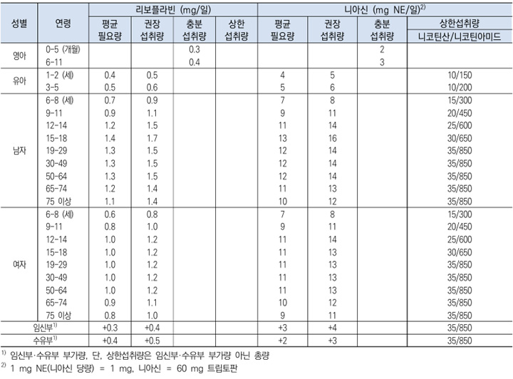 리보플라빈, 니아신 하루 섭취 권장량 기준표