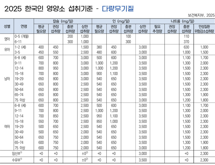 칼슘, 인, 나트륨 하루 섭취 권장량 기준표