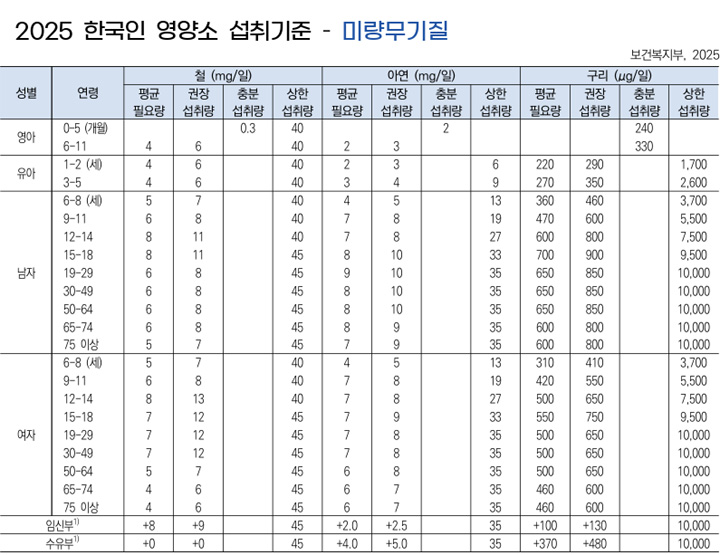 철분, 아연, 구리 하루 섭취 권장량 기준표